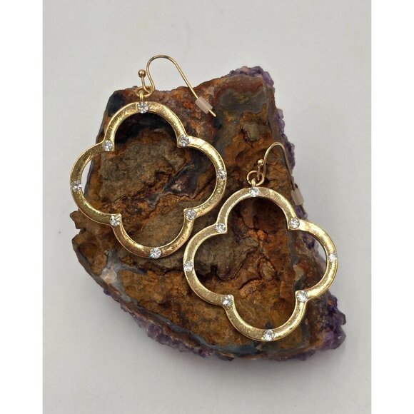 Unbranded Jewelry - Goldtone Dangle Four Leaf Clover Earrings Rhinestone Crystal Accents 1.5"